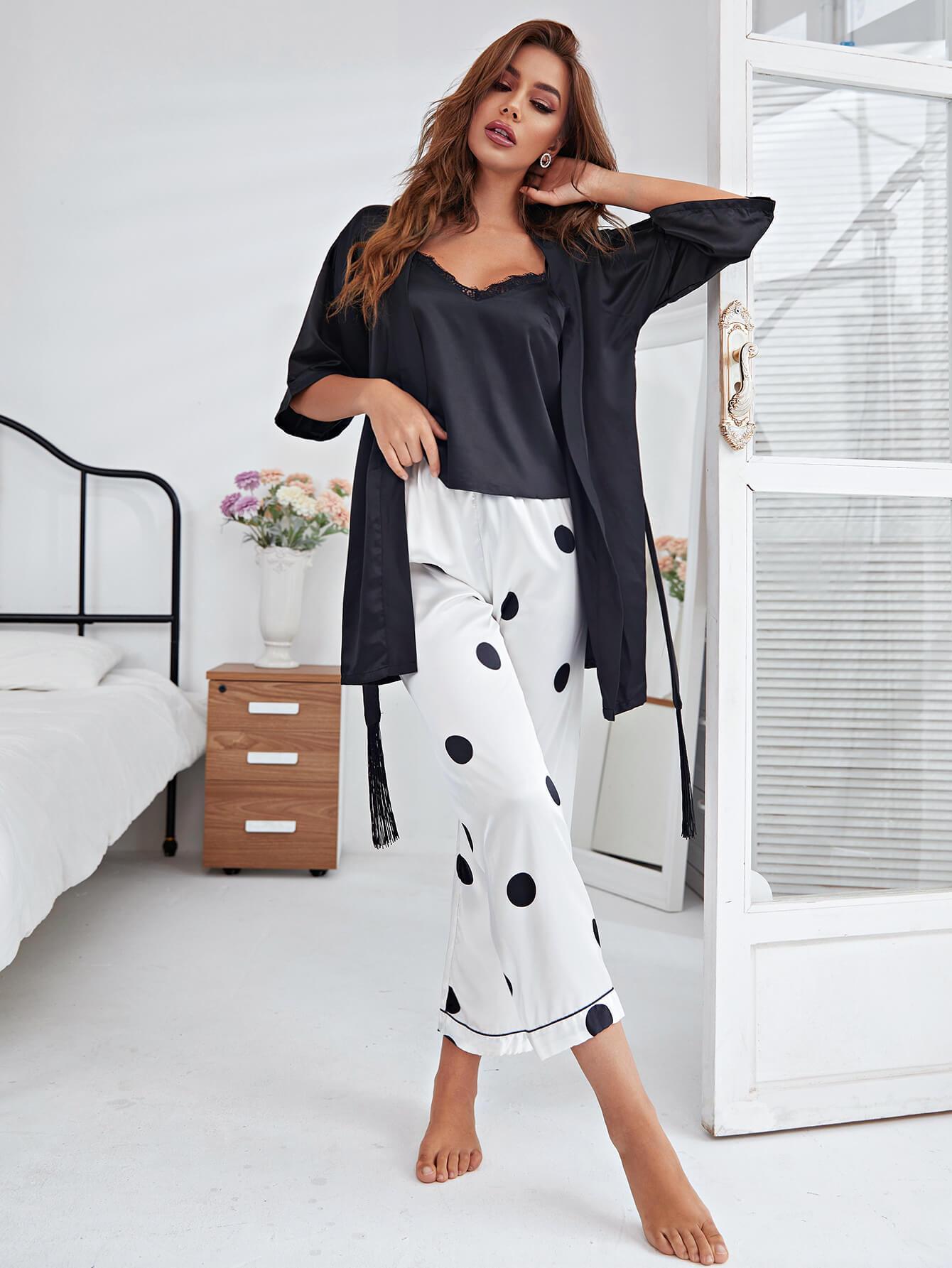 Cami, Robe, and Printed Pants Pajama Set - 808Lush