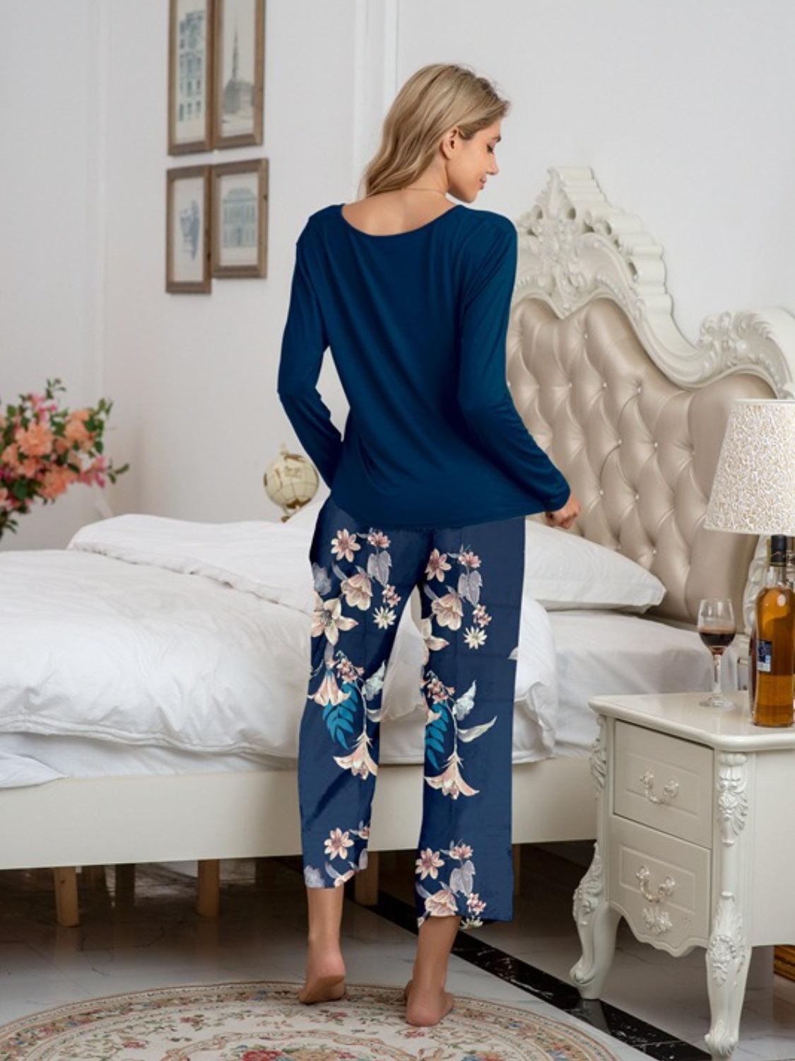 Round Neck Top and Printed Pants Lounge Set - 808Lush