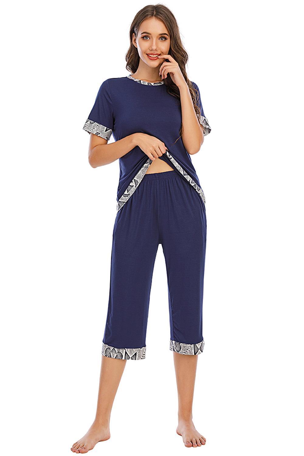 Round Neck Short Sleeve Top and Capris Pants Lounge Set - 808Lush