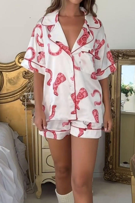 Printed Button Up Top and Shorts Lounge Set - 808Lush
