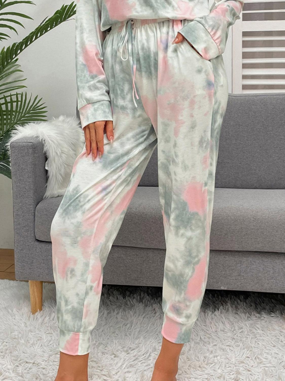 Tie-Dye Round Neck Top and Drawstring Pants Lounge Set - 808Lush