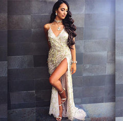 Sexy V neck Backless Slit Sling Gold Sequin Maxi Dress - 808Lush