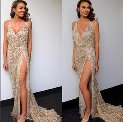 Sexy V neck Backless Slit Sling Gold Sequin Maxi Dress - 808Lush