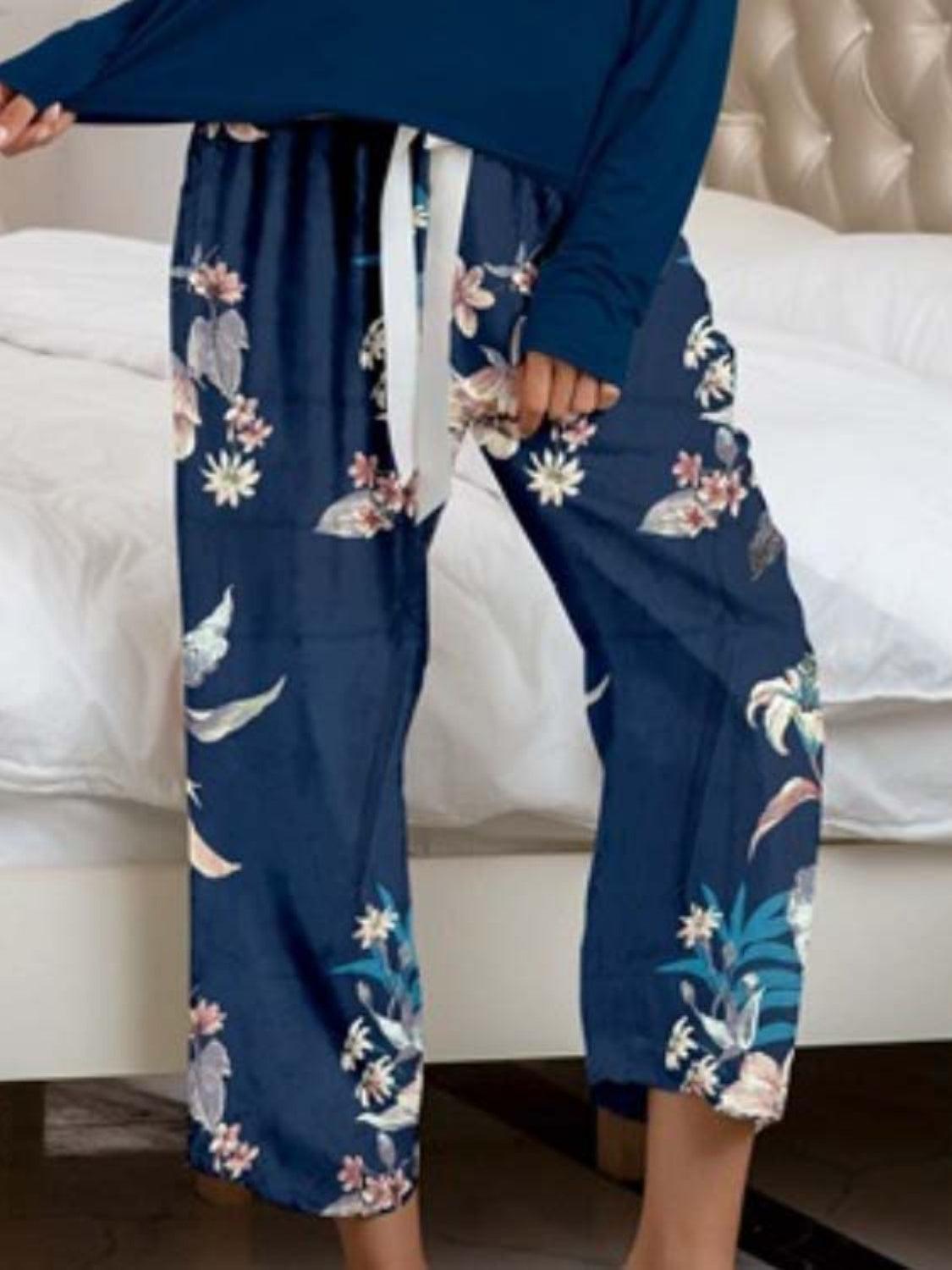 Round Neck Top and Printed Pants Lounge Set - 808Lush