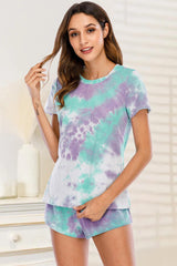 Tie-Dye Round Neck Short Sleeve Top and Shorts Lounge Set - 808Lush