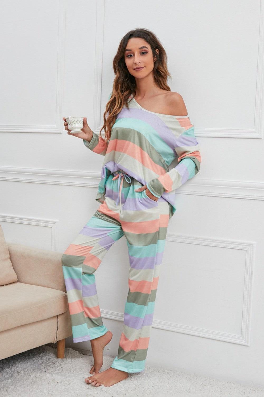 Striped Round Neck Long Sleeve Top and Drawstring Pants Lounge Set - 808Lush