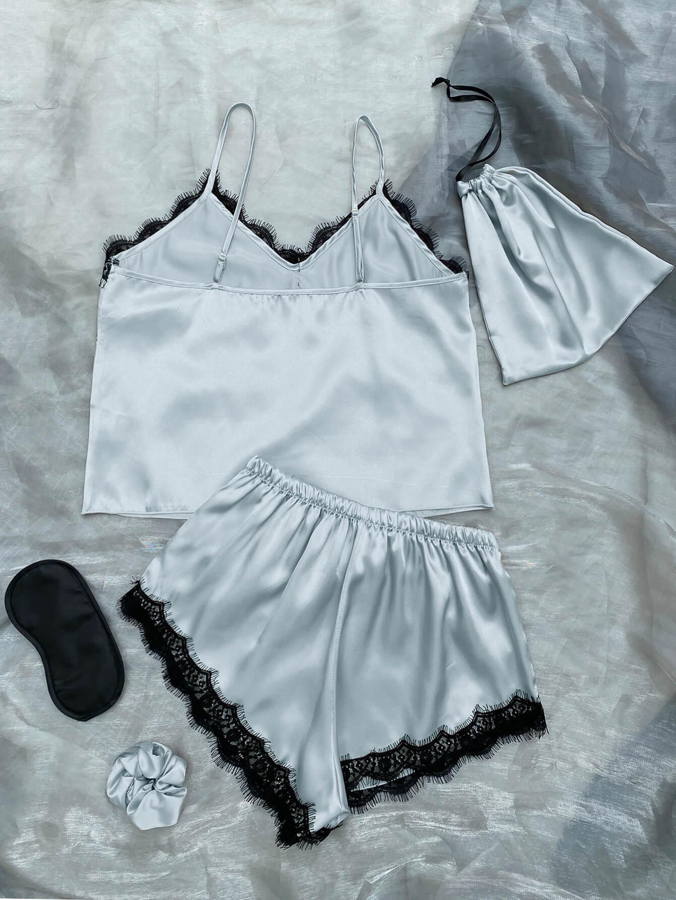 Lace Trim Cami, Shorts, Eye Mask, Scrunchie, and Bag Pajama Set - 808Lush