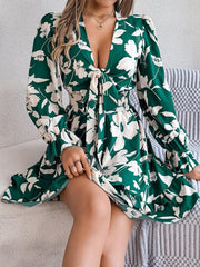 Tied Ruffled Printed Long Sleeve Dress - 808Lush