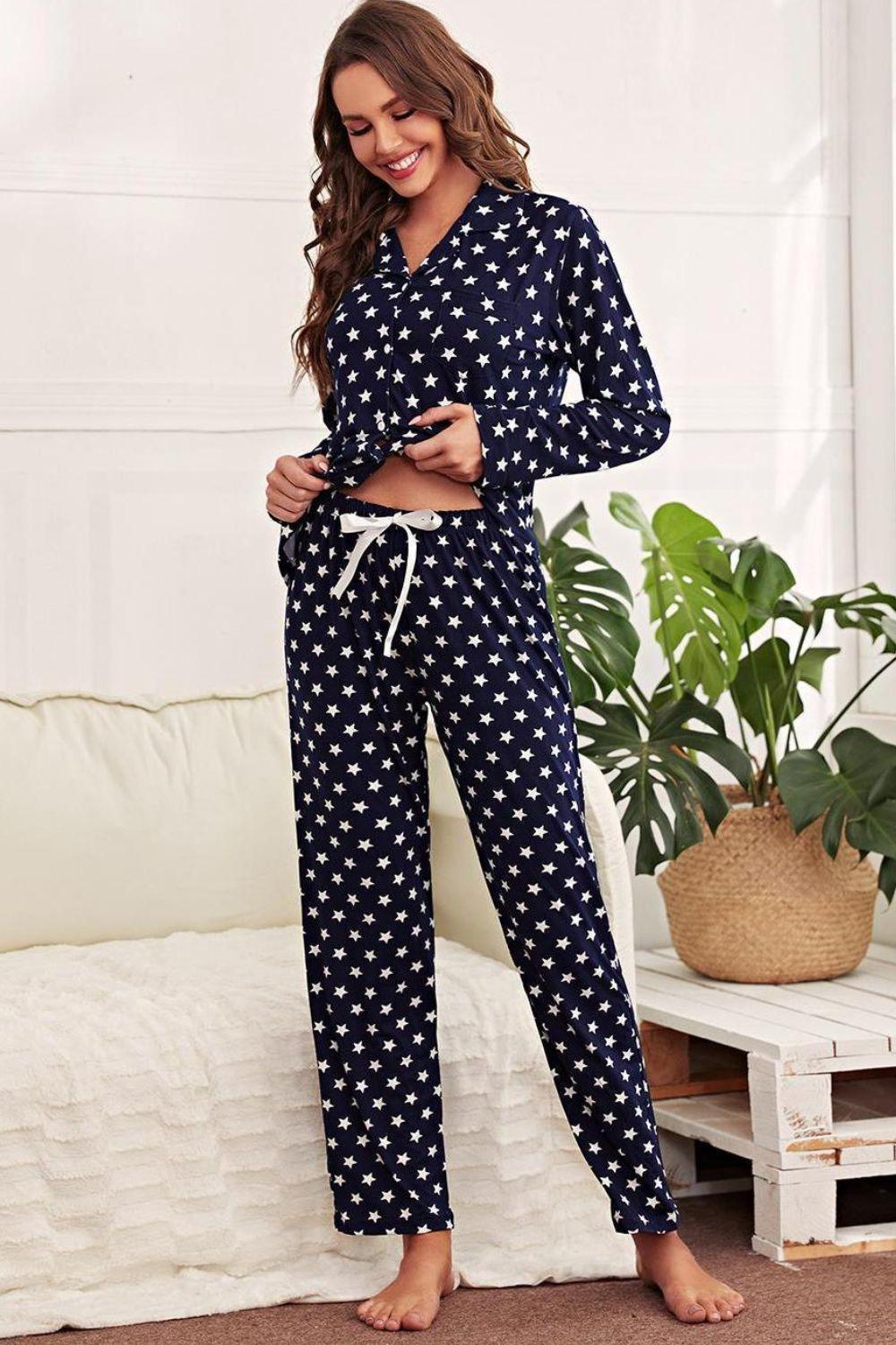 Star Print Button-Up Shirt and Pants Lounge Set - 808Lush