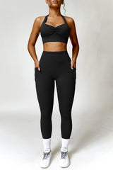 Ruched Halter Neck Bra and Pocketed Leggings Active Set - 808Lush