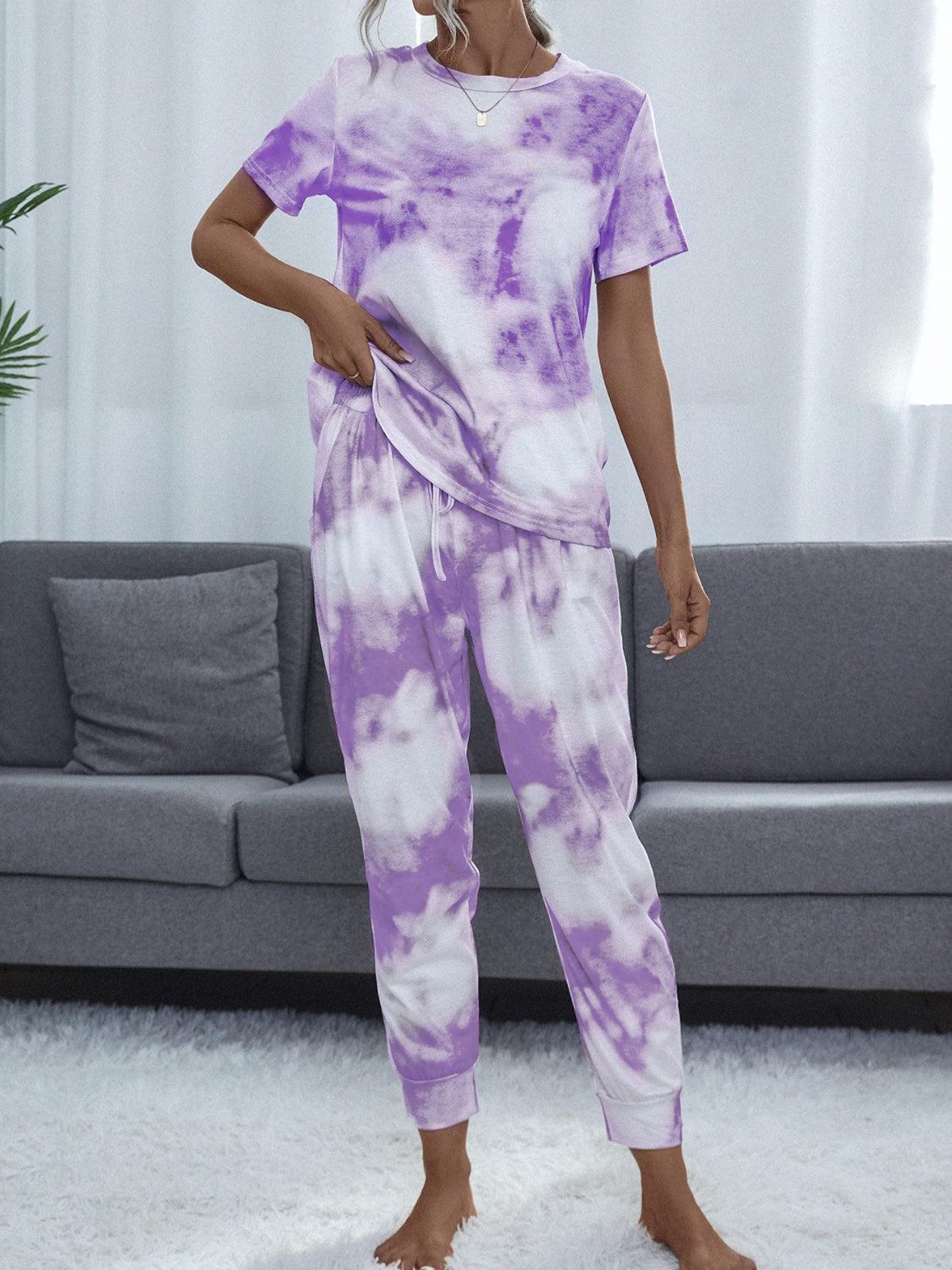 Tie-Dye Round Neck Top and Pants Lounge Set - 808Lush