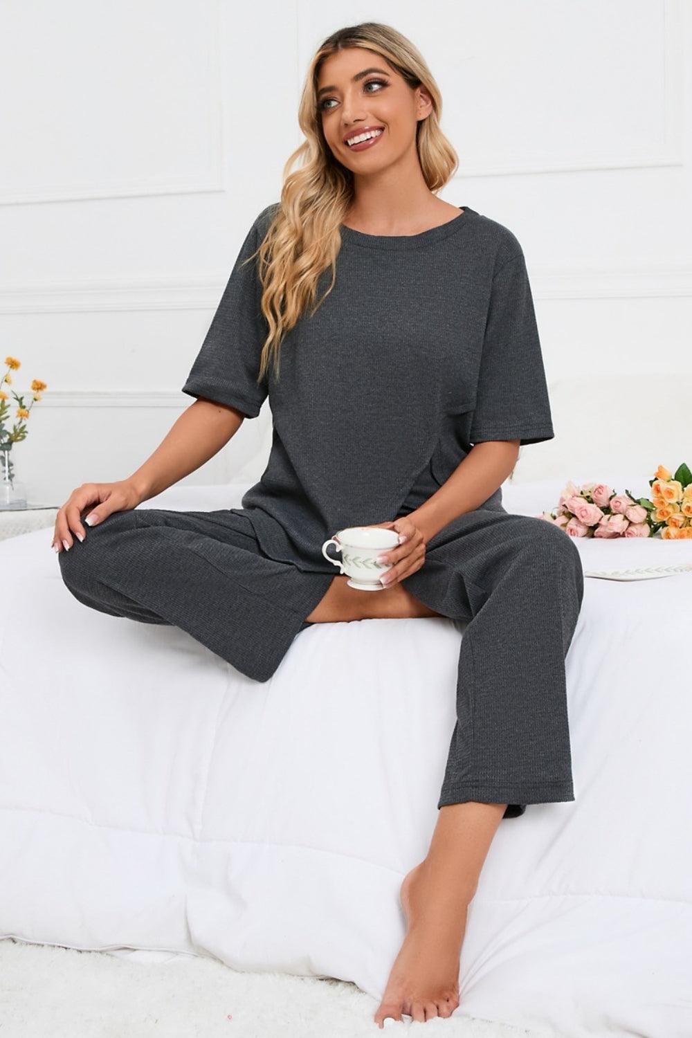 Slit Round Neck Top and Pants Lounge Set - 808Lush