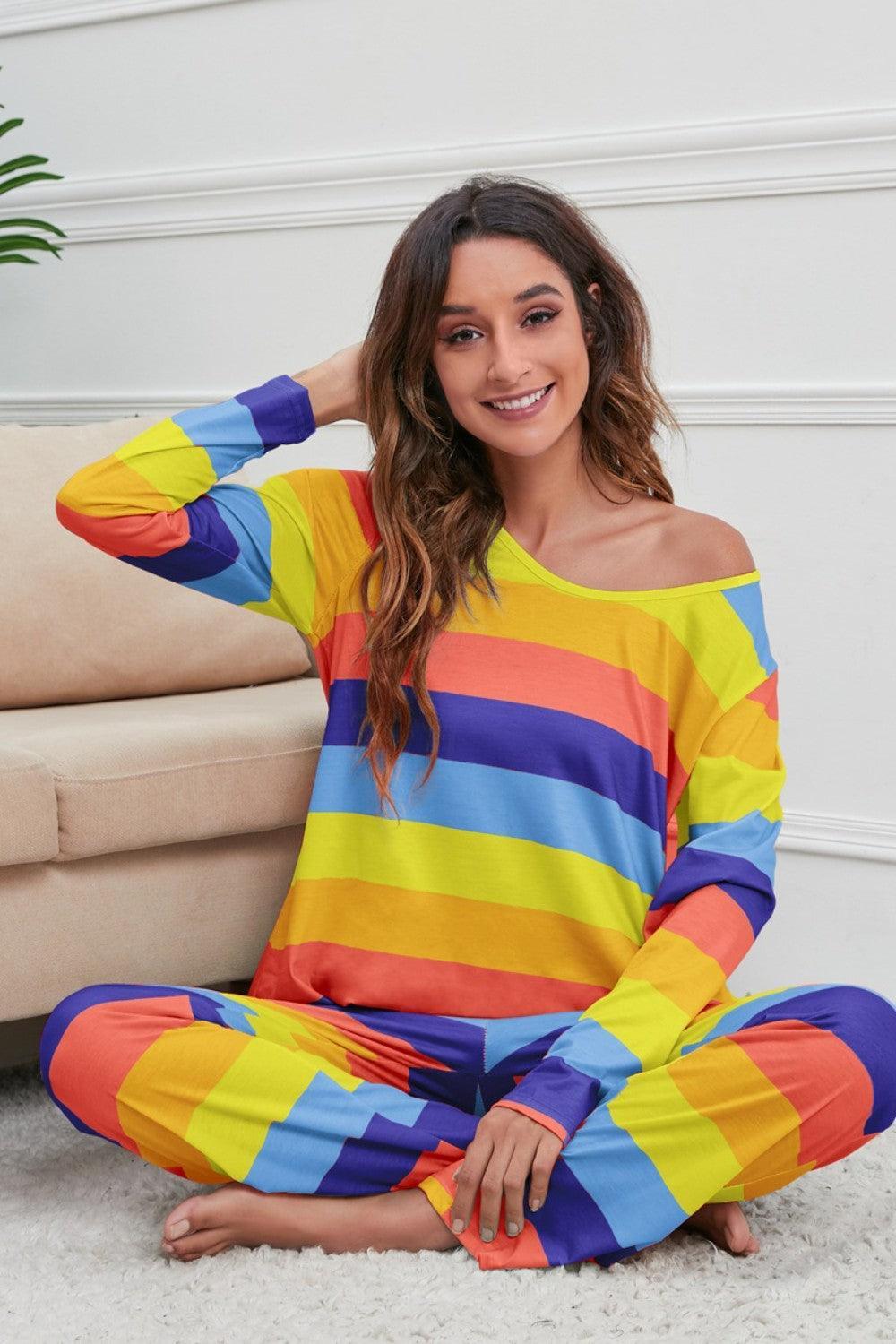 Striped Round Neck Long Sleeve Top and Drawstring Pants Lounge Set - 808Lush