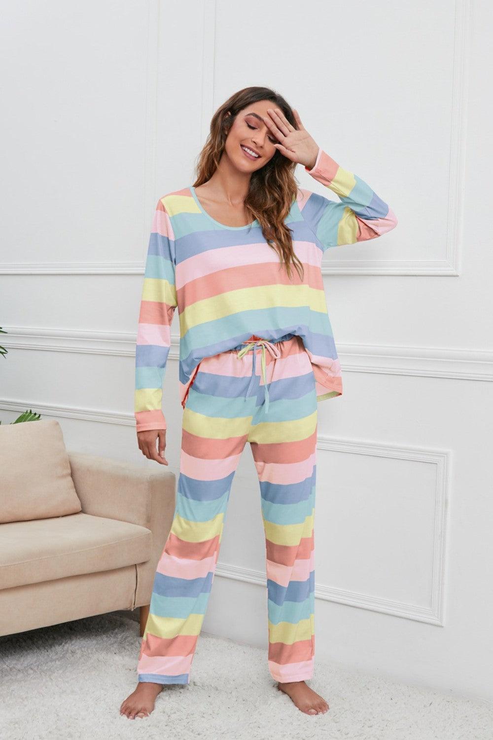 Striped Round Neck Long Sleeve Top and Drawstring Pants Lounge Set - 808Lush