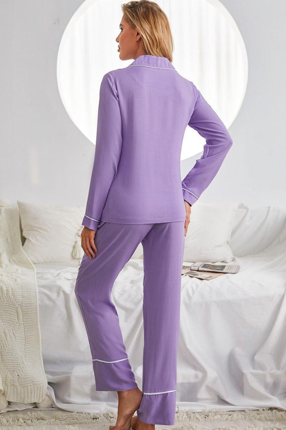 Contrast Lapel Collar Shirt and Pants Pajama Set with Pockets - 808Lush