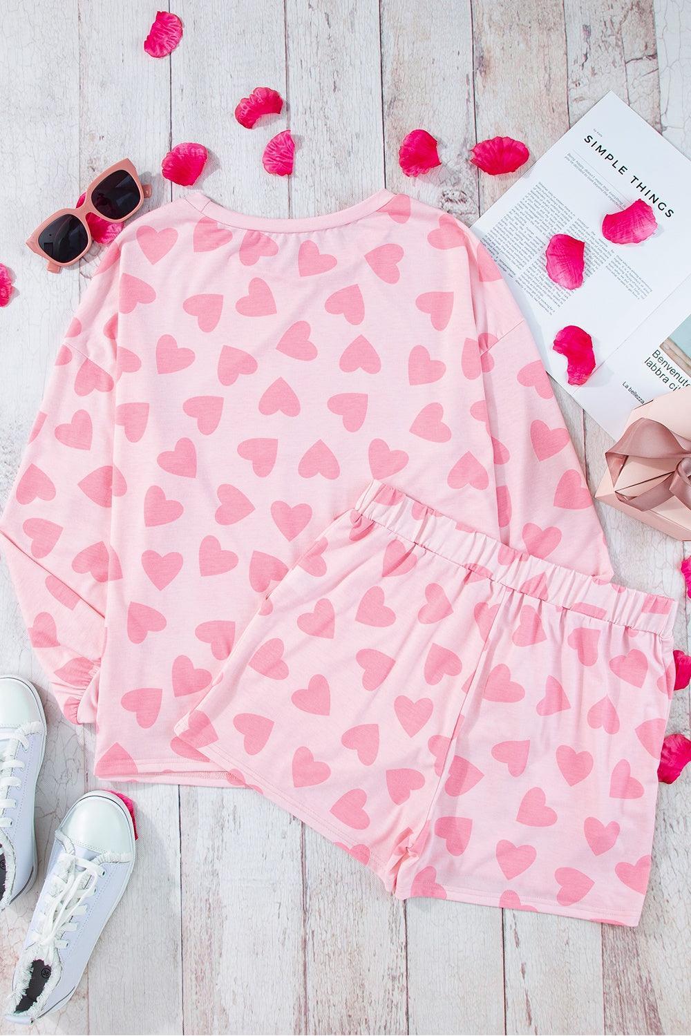 Heart Print Round Neck Top and Shorts Lounge Set - 808Lush