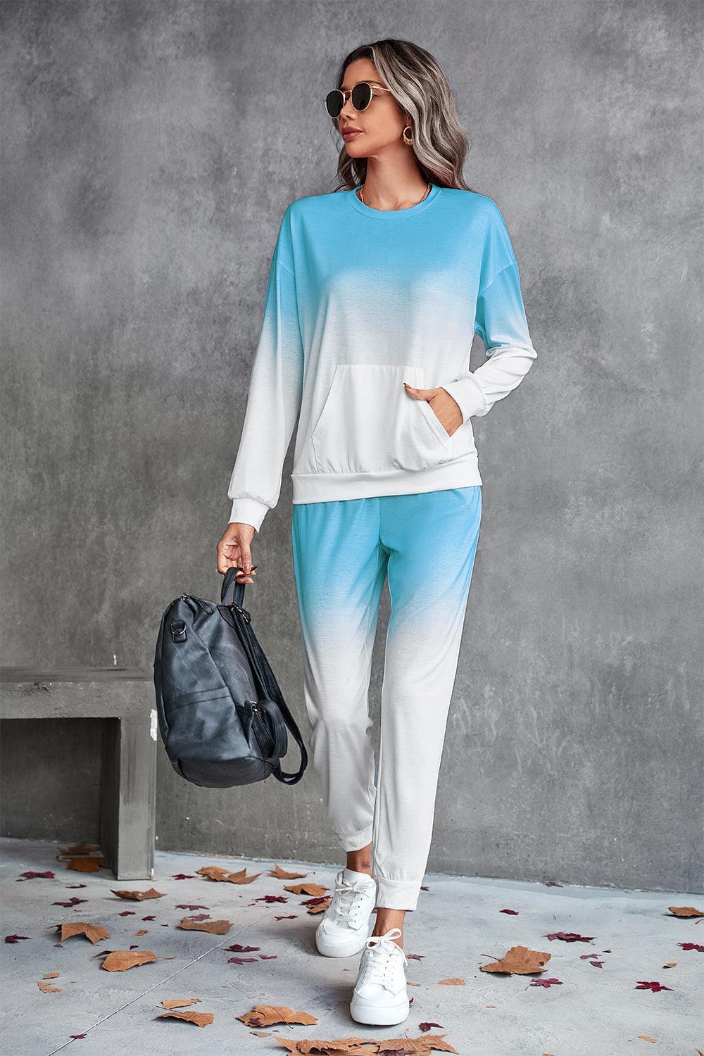 Gradient Round Neck Sweatshirt and Joggers Set - 808Lush