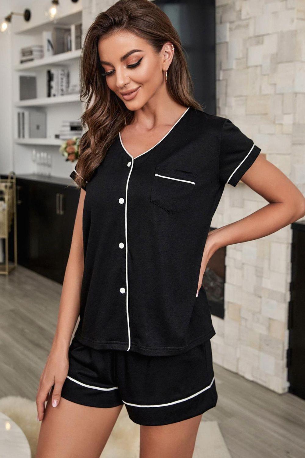 Contrast Piping Button-Up Top and Shorts Pajama Set - 808Lush