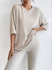 Ribbed Round Neck T-Shirt and Pants Lounge Set - 808Lush