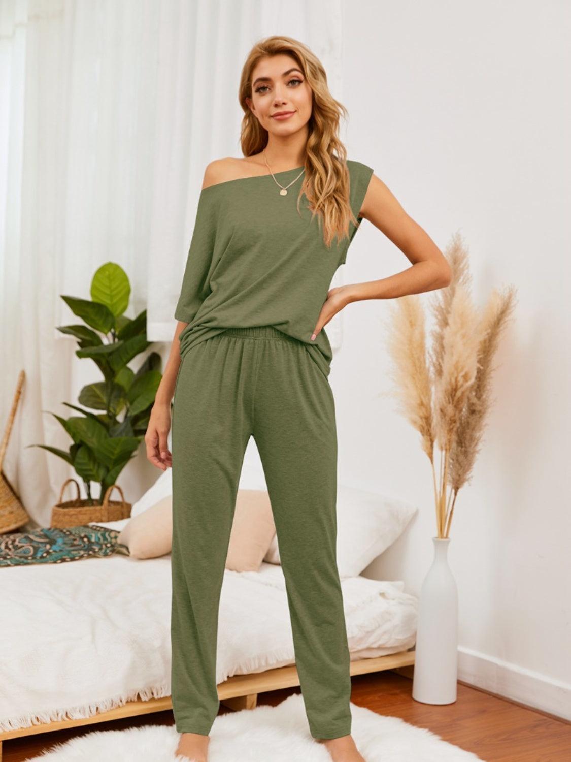 Boat Neck Top and Pants Lounge Set - 808Lush