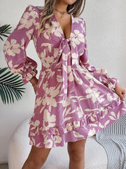 Tied Ruffled Printed Long Sleeve Dress - 808Lush