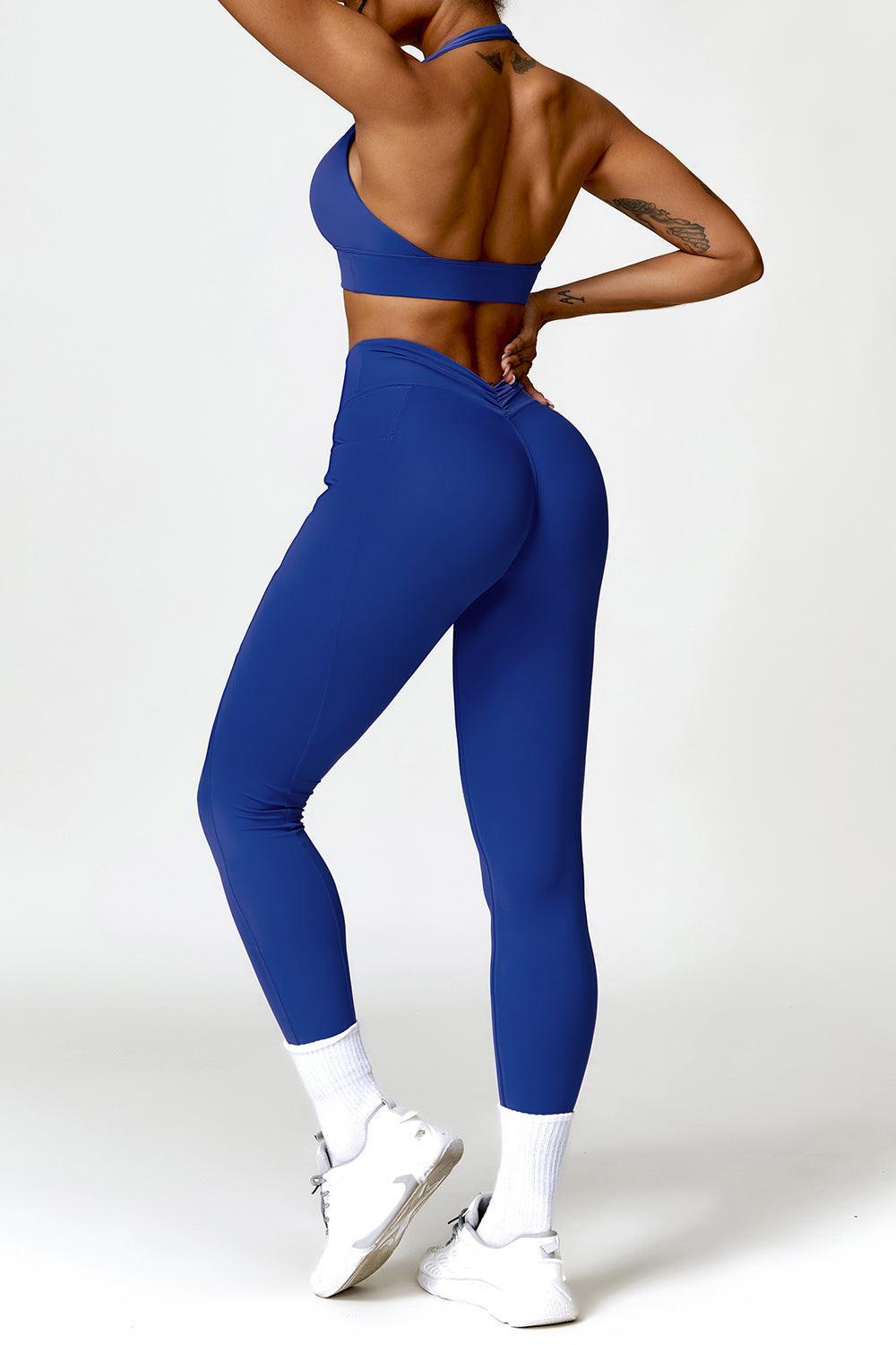 Ruched Halter Neck Bra and Pocketed Leggings Active Set - 808Lush