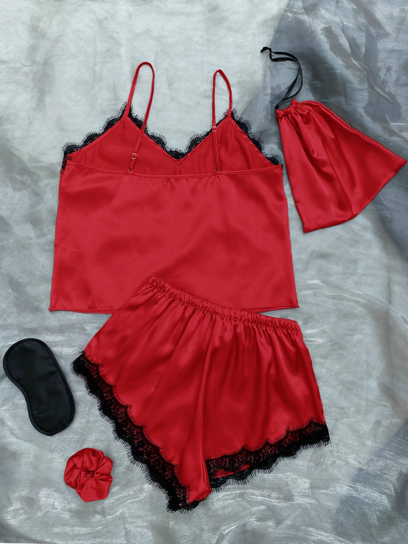 Lace Trim Cami, Shorts, Eye Mask, Scrunchie, and Bag Pajama Set - 808Lush