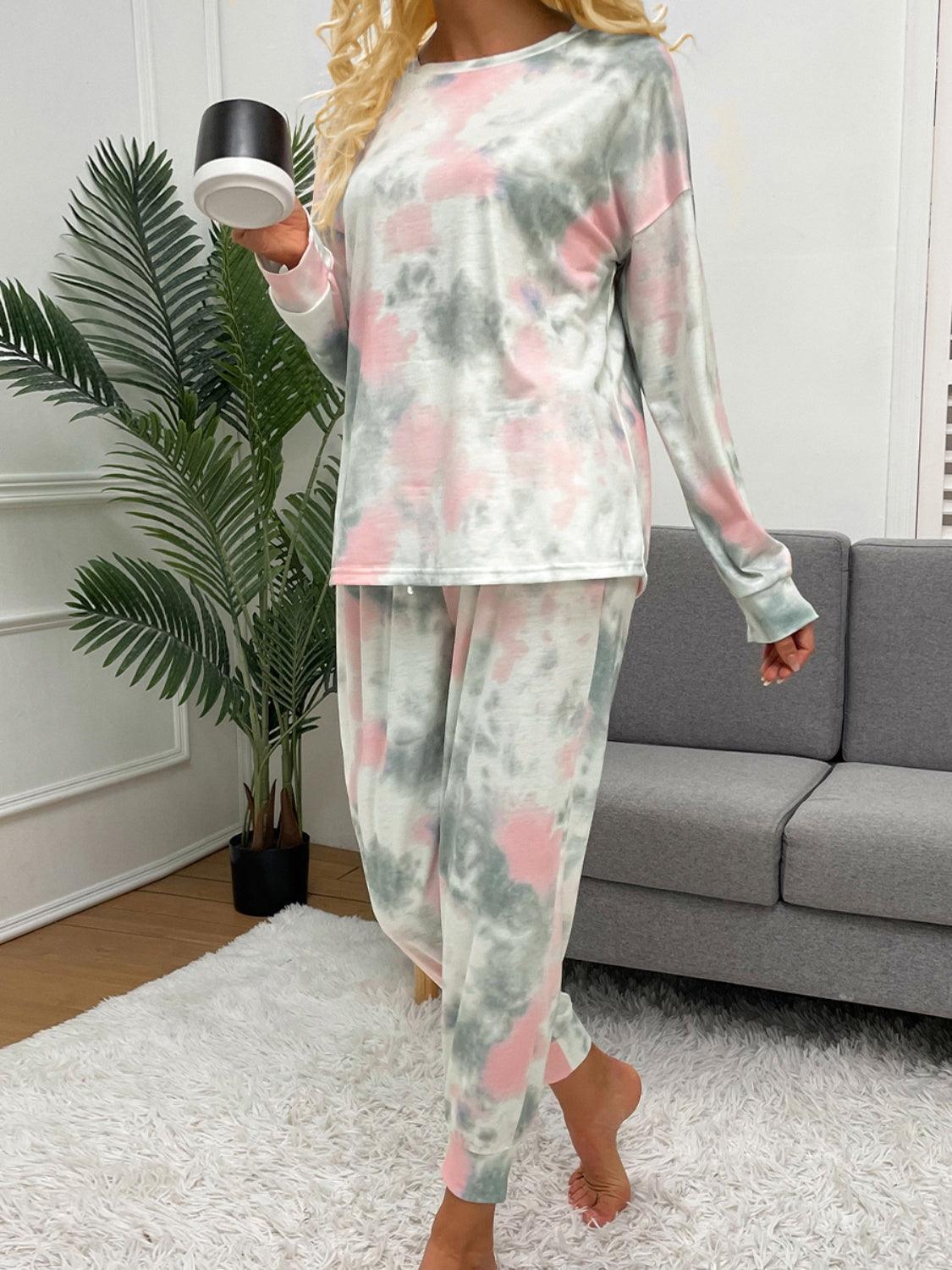 Tie-Dye Round Neck Top and Drawstring Pants Lounge Set - 808Lush