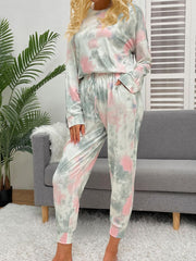 Tie-Dye Round Neck Top and Drawstring Pants Lounge Set - 808Lush