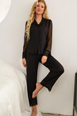 Spliced Lace Lapel Collar Pajama Set - 808Lush