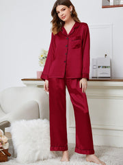 Lapel Collar Long Sleeve Top and Pants Pajama Set - 808Lush