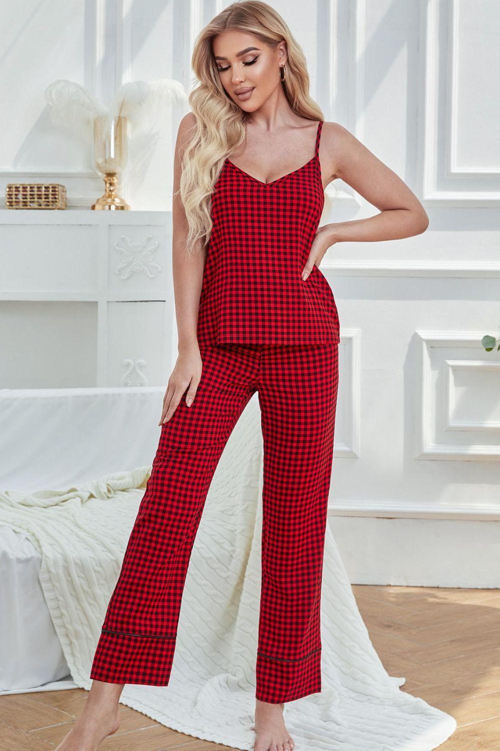 Gingham V-Neck Cami and Tied Pants Lounge Set - 808Lush