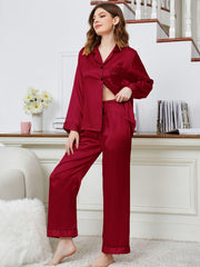 Lapel Collar Long Sleeve Top and Pants Pajama Set - 808Lush