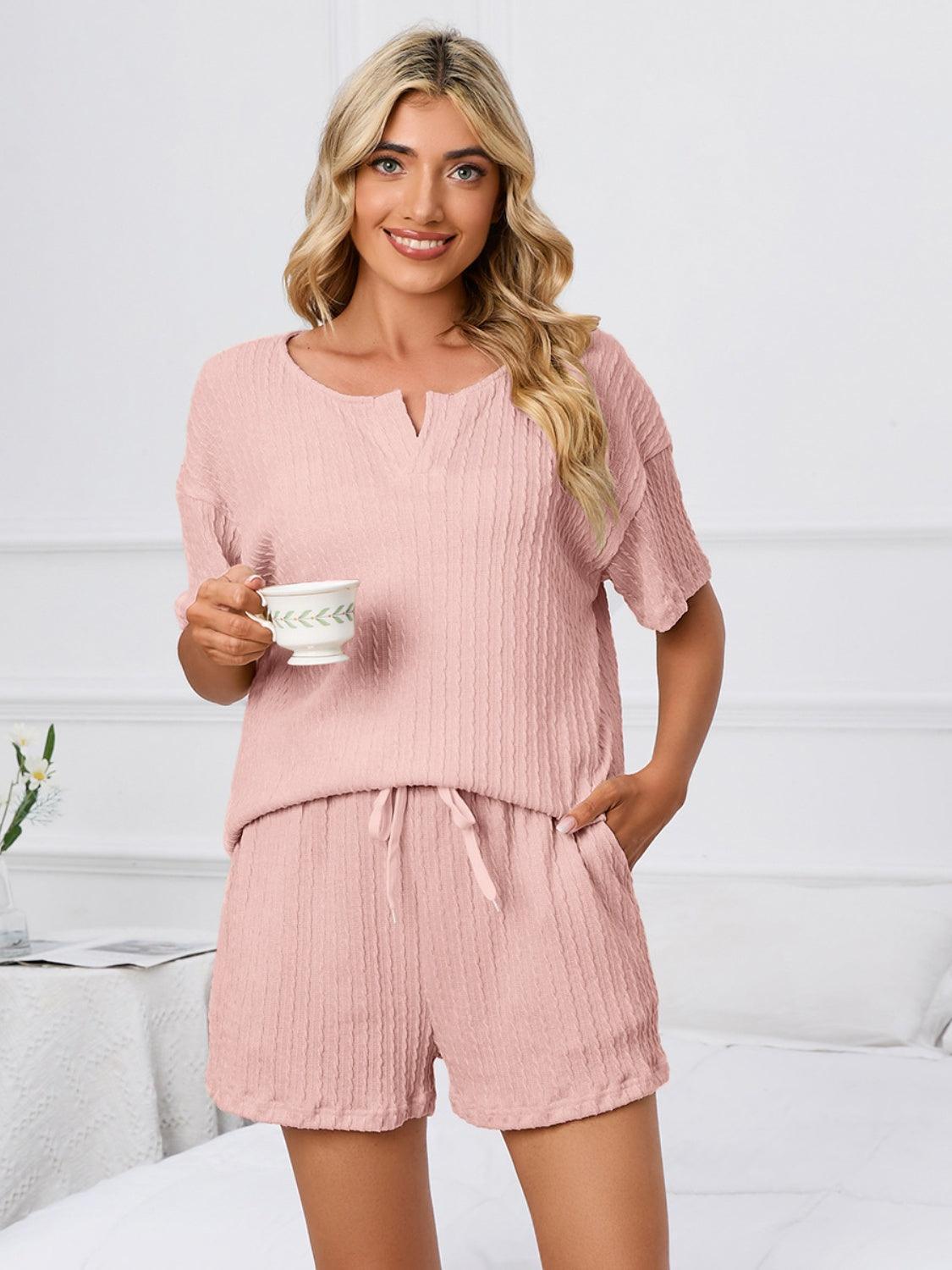 Notched Short Sleeve and Shorts Lounge Set - 808Lush