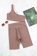 One-shoulder Sports Bra and Biker Shorts Set - 808Lush