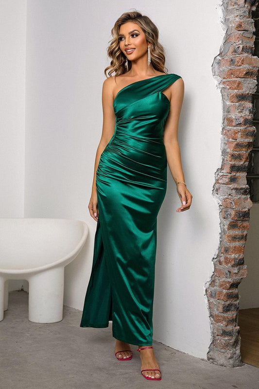 One-Shoulder Ruched Slit Maxi Dress - 808Lush