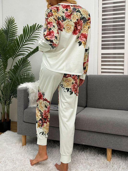 Printed Round Neck Top and Pants Lounge Set - 808Lush