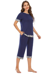 Round Neck Short Sleeve Top and Capris Pants Lounge Set - 808Lush