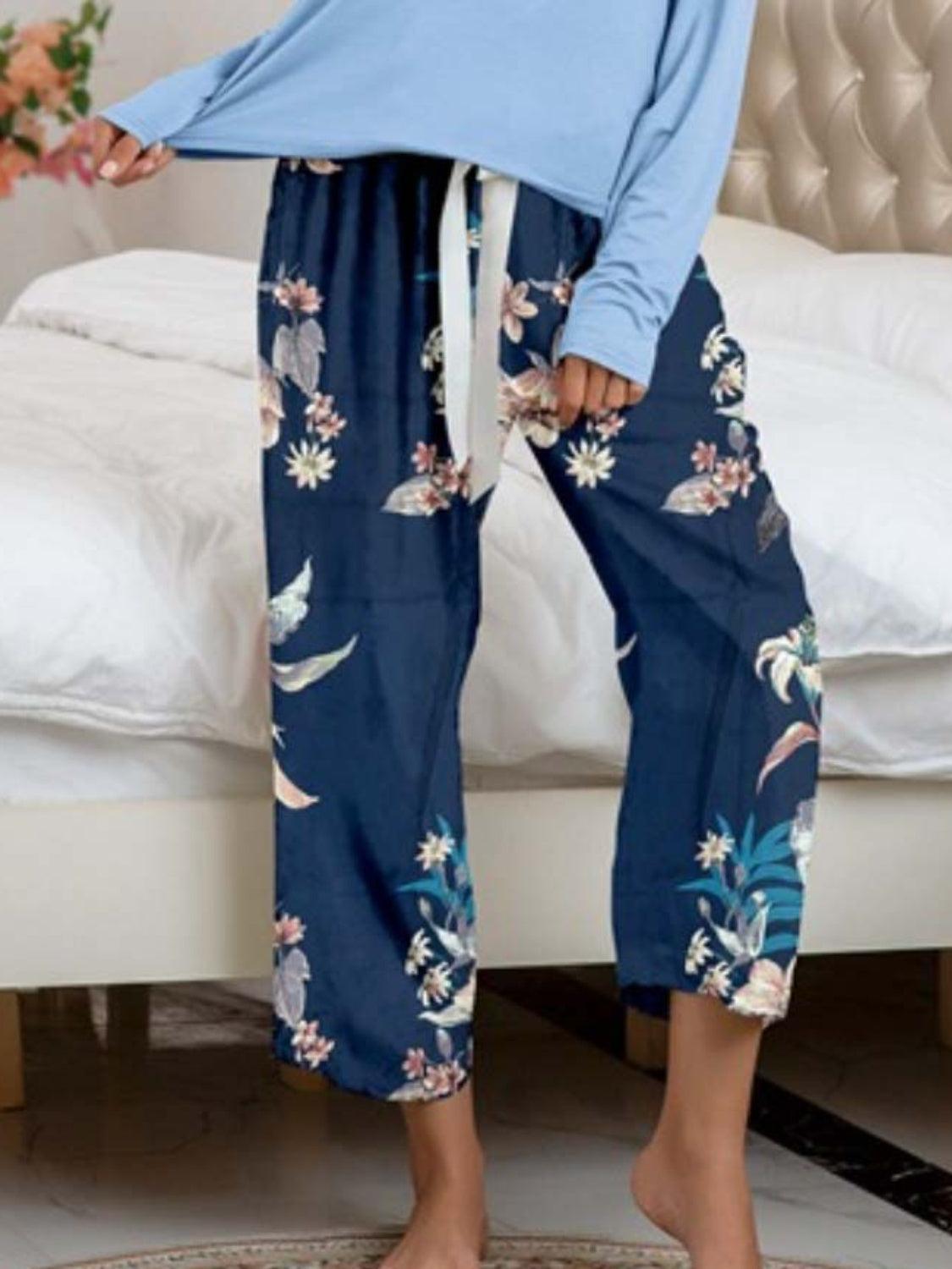 Round Neck Top and Printed Pants Lounge Set - 808Lush