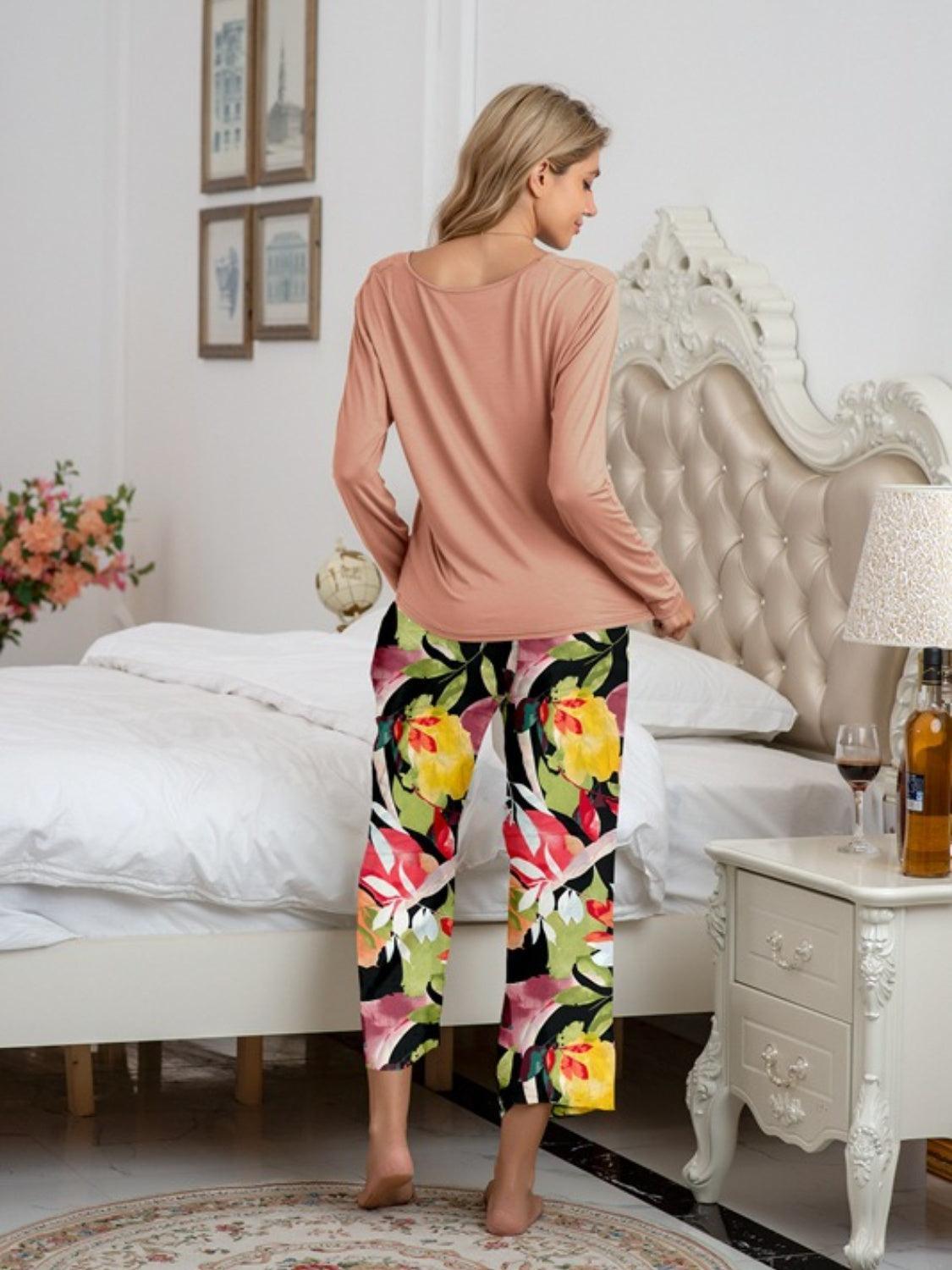 Round Neck Top and Printed Pants Lounge Set - 808Lush