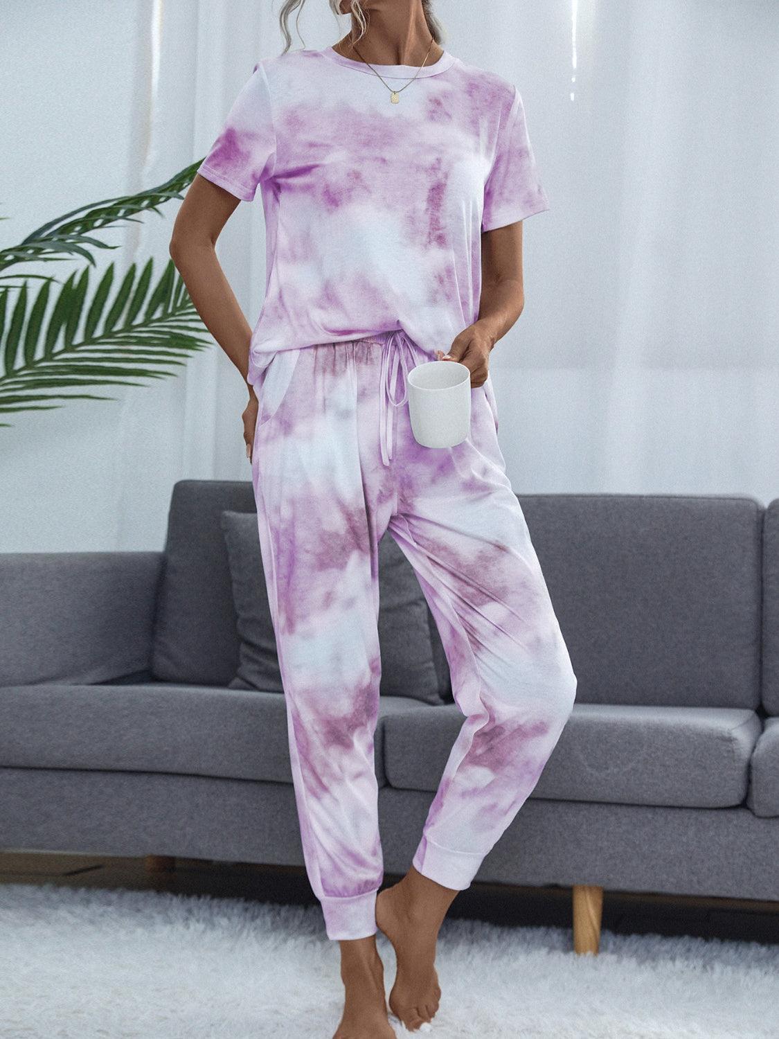 Tie-Dye Round Neck Top and Pants Lounge Set - 808Lush