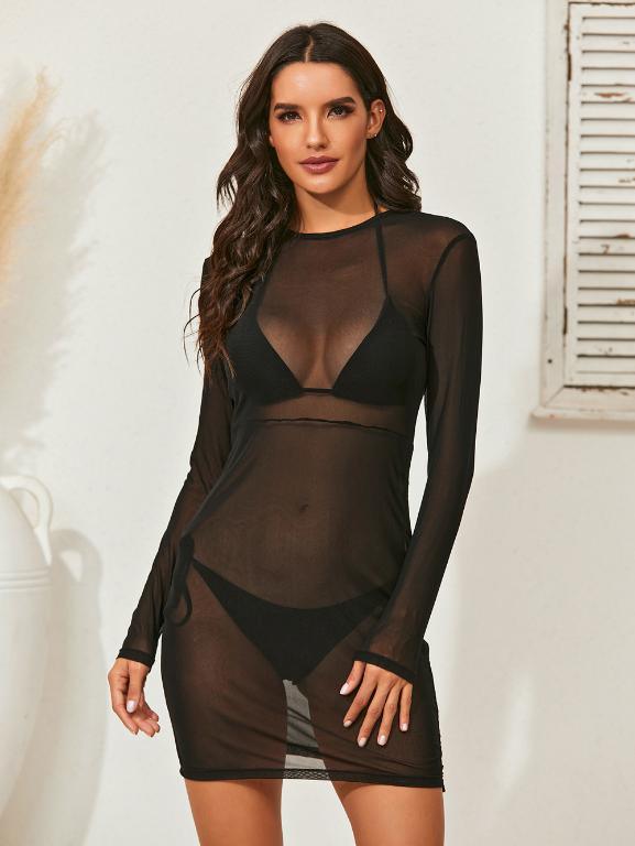 Sexy mesh beachwear Drawstring cover up