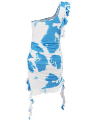 Ruffled Tie-Dye Single Shoulder Mini Dress - 808Lush