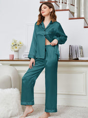 Lapel Collar Long Sleeve Top and Pants Pajama Set - 808Lush