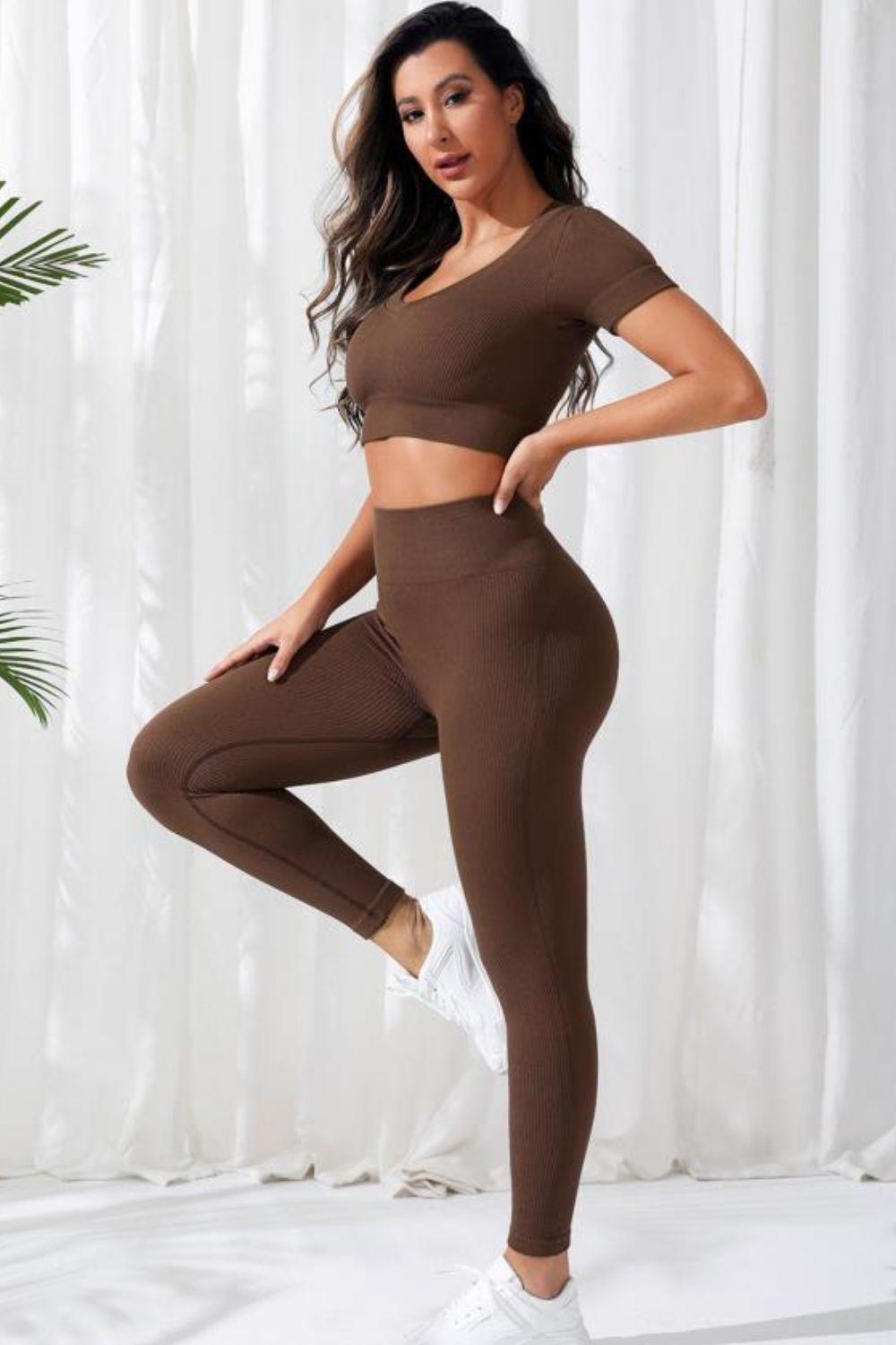 V-Neck Crop Top and High Waistband Long Active Pants - 808Lush