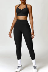 Ruched Halter Neck Bra and Pocketed Leggings Active Set - 808Lush