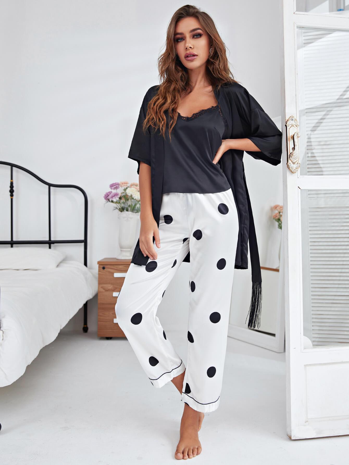 Cami, Robe, and Printed Pants Pajama Set - 808Lush