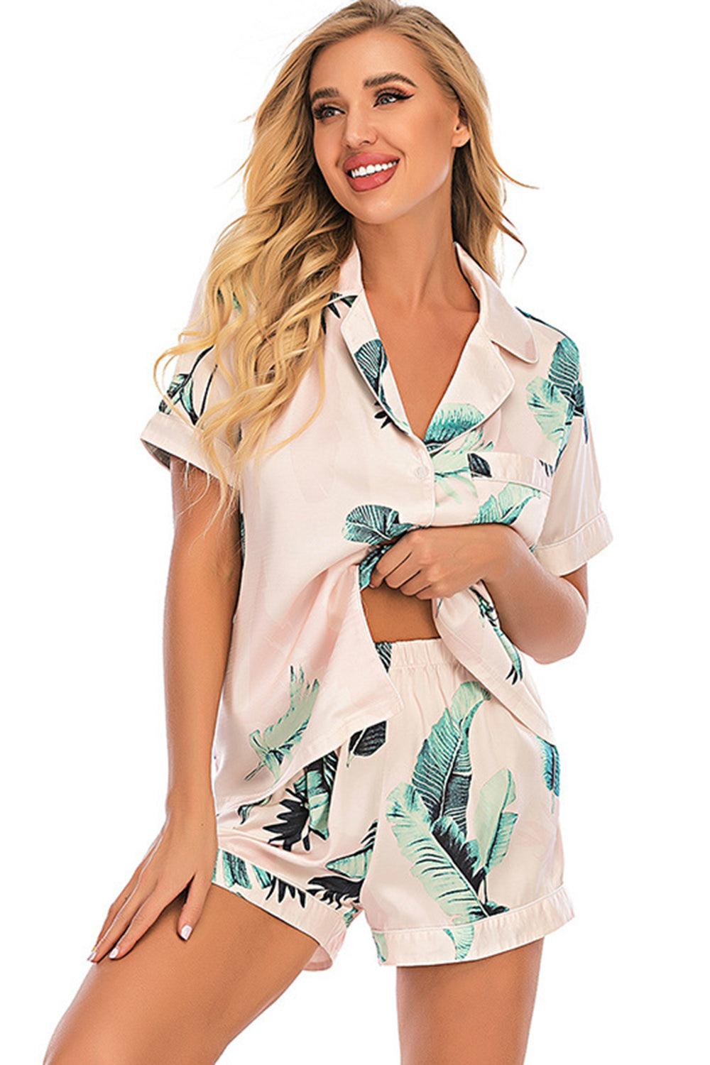 Printed Button Up Short Sleeve Top and Shorts Lounge Set - 808Lush