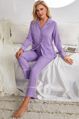 Contrast Lapel Collar Shirt and Pants Pajama Set with Pockets - 808Lush