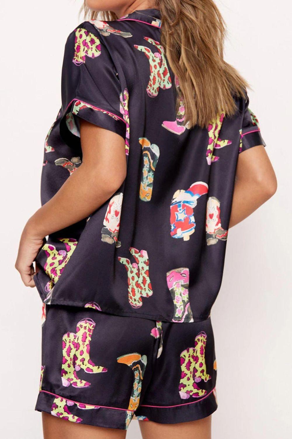 Printed Button Up Short Sleeve Top and Shorts Lounge Set - 808Lush